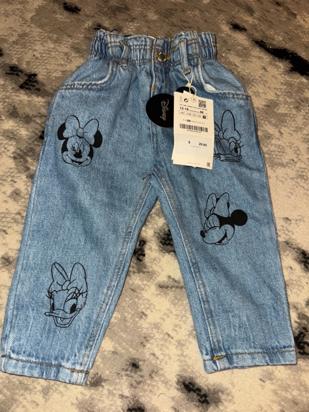 Zara Light Blue Denim Jeans with Black Disney Sketches